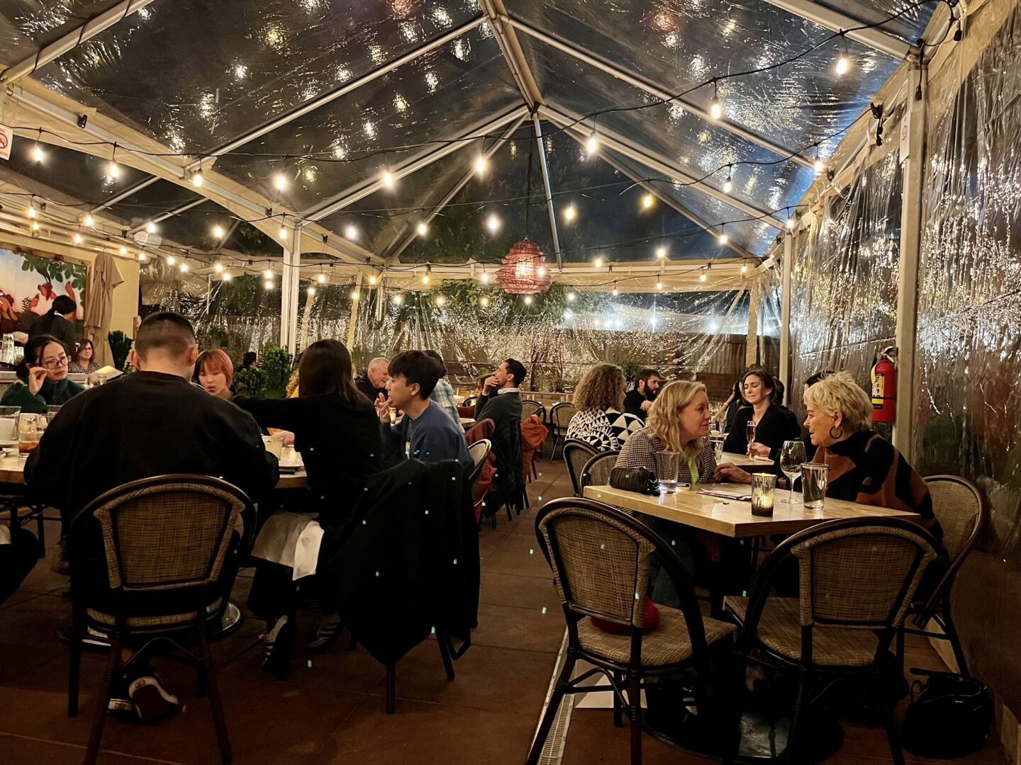 A group of people sitting at tables under lights.patio tent 2023 (7)